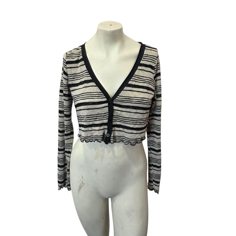 Gaze Striped Crop Cardigan Top Y2K Sheer Knit Button Front Size Small